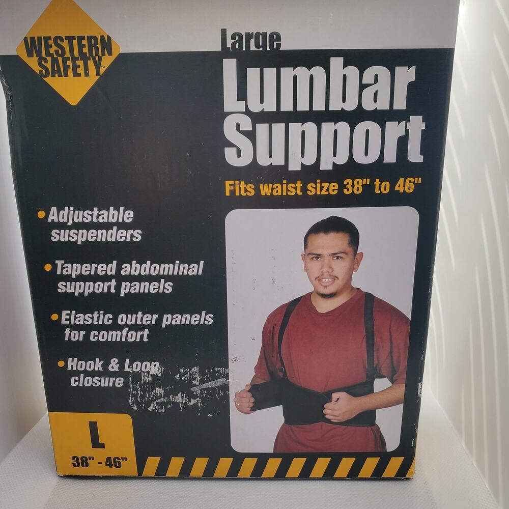 Western Safety Lumbar Support Back Belt w Suspenders Large 38"-46" Brace Black